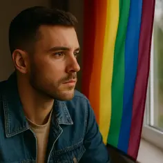 Mężczyzna patrzy przez okno, obok tęczowa flaga. To moment refleksji przed coming out.