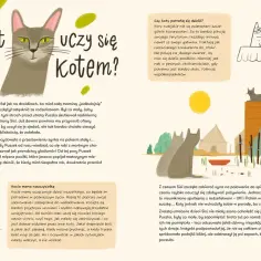 Szary kotek, jak mały catboy, uczy się życia od mamy. Ilustracja z książki dla dzieci.