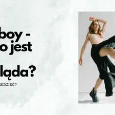 Dynamiczne zdjęcie przedstawia osobę w czarnej, zwiewnej spódnicy i butach, unoszącą nogę w powietrzu. Tekst pyta: "Femboy - kto to jest i jak wygląda?".