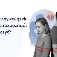 Para spięta czerwoną liną, symbolizująca toksyczny związek. Kobieta i mężczyzna odwróceni plecami, z wyrazem smutku i rezygnacji.