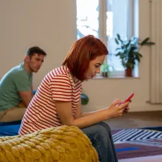 Kobieta zapatrzona w telefon, ignoruje partnera. Może właśnie czyta kolejną wiadomość od toksycznej teściowej.
