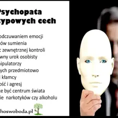 10 cech psychopaty: brak emocji, manipulacja, narcyzm. Obraz symbolizuje ukrywanie prawdziwej natury, odróżniając socjopatę od psychopaty.