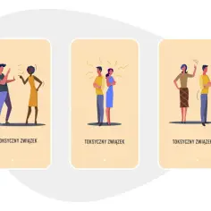 Ilustracje pokazują pary w konflikcie, symbolizując jak wyjść z toksycznego związku.