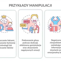 Przykłady manipulacji: nacisk na własnym terenie, przytłaczanie faktami, podnoszenie głosu, negatywne niespodzianki, presja czasu.