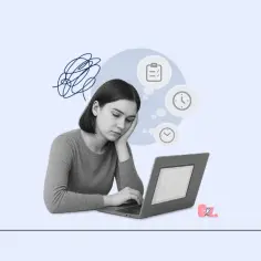 Zmęczona dziewczyna przy laptopie, nad nią chmura myśli z zegarami i listą zadań. Co to?