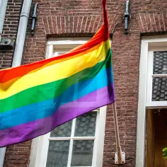 Tęczowa flaga powiewa na ceglanym budynku. Kolorowa flaga symbolizuje dumę i różnorodność społeczności LGBTQ+.