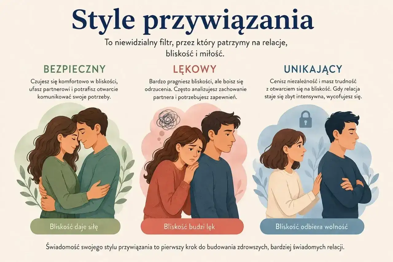 Ilustracja przedstawia trzy style przywiązania: bezpieczny, lękowy i unikający. Lękowy styl przywiązania charakteryzuje pragnienie bliskości i strach przed odrzuceniem.