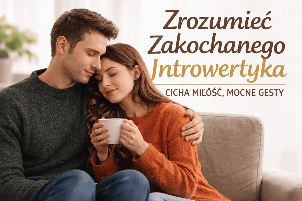 Para przytulająca się na kanapie, pijąca kawę. On obejmuje ją ramieniem, ona opiera głowę na jego ramieniu. Widać, jak zachowuje się zakochany introwertyk: cicha miłość, mocne gesty.