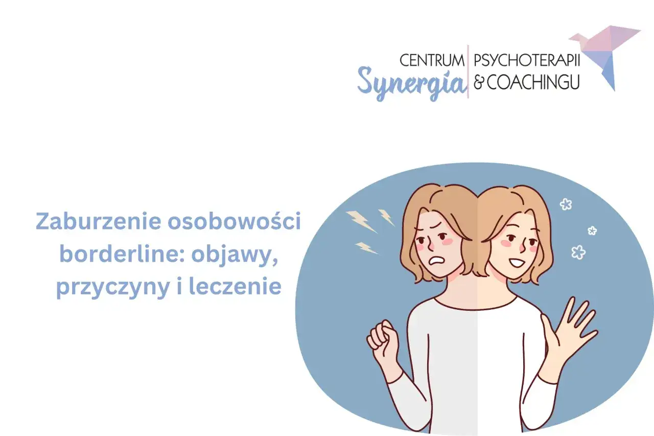 Ilustracja przedstawia dwie twarze tej samej osoby, symbolizujące zmienne nastroje i trudności w relacjach, które mogą towarzyszyć borderline. Objawy są tu kluczowe.