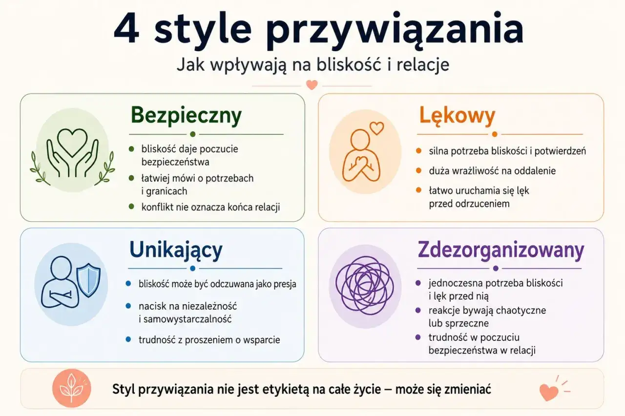 Zdezorganizowany styl przywiązania: jednoczesna potrzeba bliskości i lęk, chaotyczne reakcje, trudność w poczuciu bezpieczeństwa.